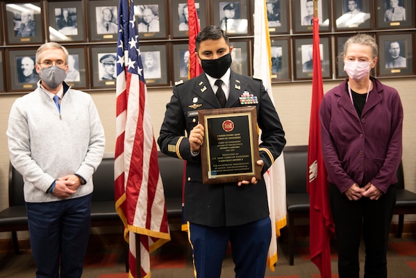 Lt. Col. Sonny Avichal (Center), U.S. Army Corps of Engineers Nashville District commander; Diane Parks, Operations Division chief; and Ben Rohrbach, Engineering and Construction Division chief; accept the 2019 Safety Award of Excellence, district category, at the Nashville District Headquarters in Nashville, Tennessee, during the USACE National Awards Ceremony Nov. 12, 2020.  Lt. Gen. Scott A. Spellmon, commanding general and 55th chief of engineers, presented the award virtually from USACE Headquarters in Washington D.C. (USACE Photo by Lee Roberts)