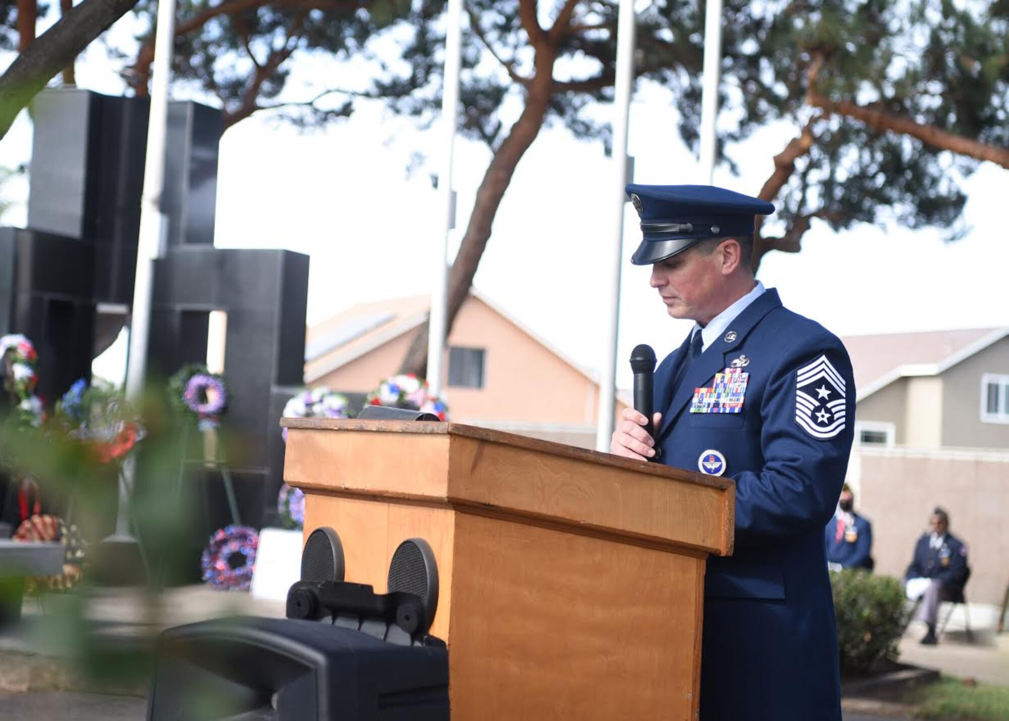Chief Master Sgt. Jason Delucy, 30th Space Wing command chief, speaks during a Veterans Day ceremony Nov. 11, 2020, in Santa Maria, Calif. The observance honors military veterans with parades and speeches across the nation and a ceremony at the Tomb of the Unknowns at Arlington National Cemetery in Virginia. Currently, there are more than 18.2 million living veterans that have served during at least one war. (U.S. Space Force photo by Senior Airman Hanah Abercrombie)