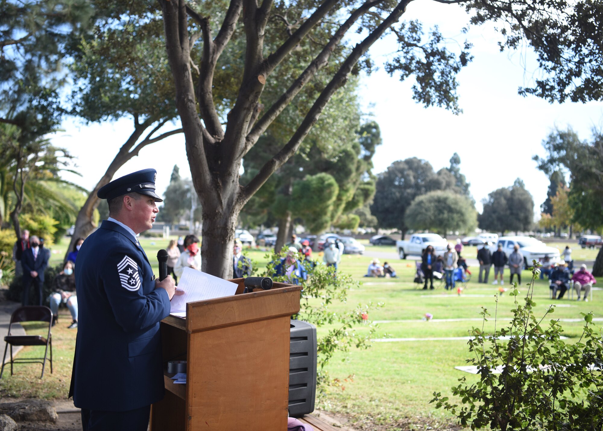 Chief Master Sgt. Jason Delucy, 30th Space Wing command chief, speaks during a Veterans Day ceremony Nov. 11, 2020, in Santa Maria, Calif. Originally recognized as Armistice Day, this day marked the end of World War I and was formally celebrated on the 11th hour of the 11th day of the 11th month in 1918. Today, we celebrate this day as Veterans Day to honor past and present members who have served in the military, with the original tie of November 11th. (U.S. Space Force photo by Senior Airman Hanah Abercrombie)