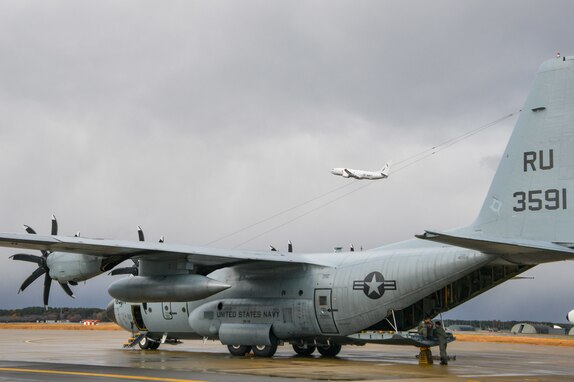 201109-N-GR586-1044 MISAWA, Japan (Nov. 9, 2020) -- Sailors assigned to the Fleet Logistics Support Squadron (VR) 55 prepare to load cargo onto a C-130T Hercules at Naval Air Facility (NAF) Misawa. VR-55 provides a 24-hour logistical support to U.S. Naval forces deployed throughout the region to ensure a Free and Open Indo-Pacific.