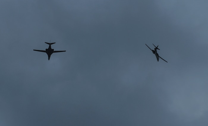 Two U.S. Air Force B-1B Lancers fly above Andersen Air Force Base, Guam, Nov. 8, 2020, during a Bomber Task Force deployment. Various BTF missions are conducted in the Indo-Pacific region in support of Pacific Air Forces’ training efforts with allies, partners and joint forces.