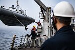 201106-N-PW585-1032 Boatswain’s Mates aboard guided-missile destroyer USS Spruance (DDG 111) rig the Rigid Inflatable Boat (RIB) in preparation for boat operations while Spruance conducted Contractor Sea Trials off the coast of southern California, Nov. 8, 2020.