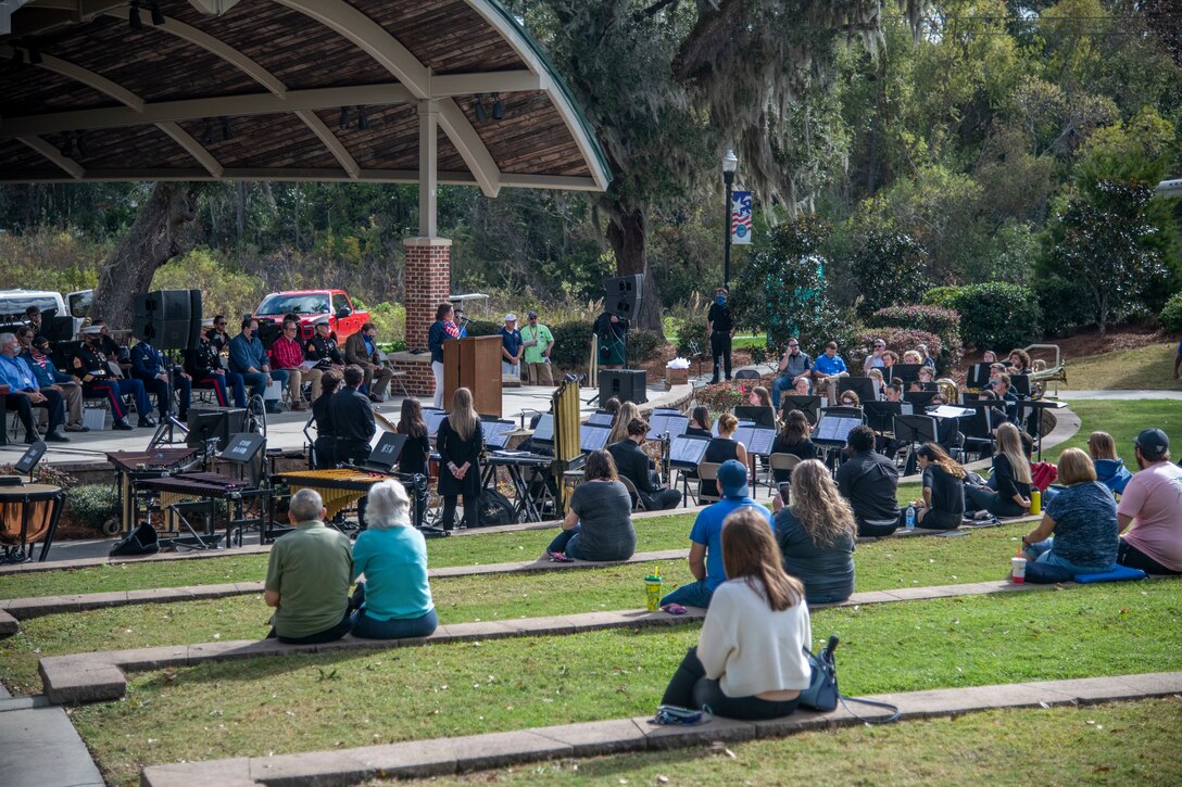 Christie Rainwater, City of Hanahan mayor, gives opening remarks at the 8th annual Red, White and Blue Festival at the Hanahan Amphitheater, in Hanahan, S.C., November 7, 2020. Members of Joint Base Charleston and U.S. Marine Corps Recruiting Station Columbia also spoke about the importance of Veterans Day at the event. Additionally, the Joint Base Charleston Honor Guard presented the colors of each branch of service while the Charleston Southern University Concert Band played the official songs of the Army, Marine Corps, Navy, Air Force and Coast Guard.
