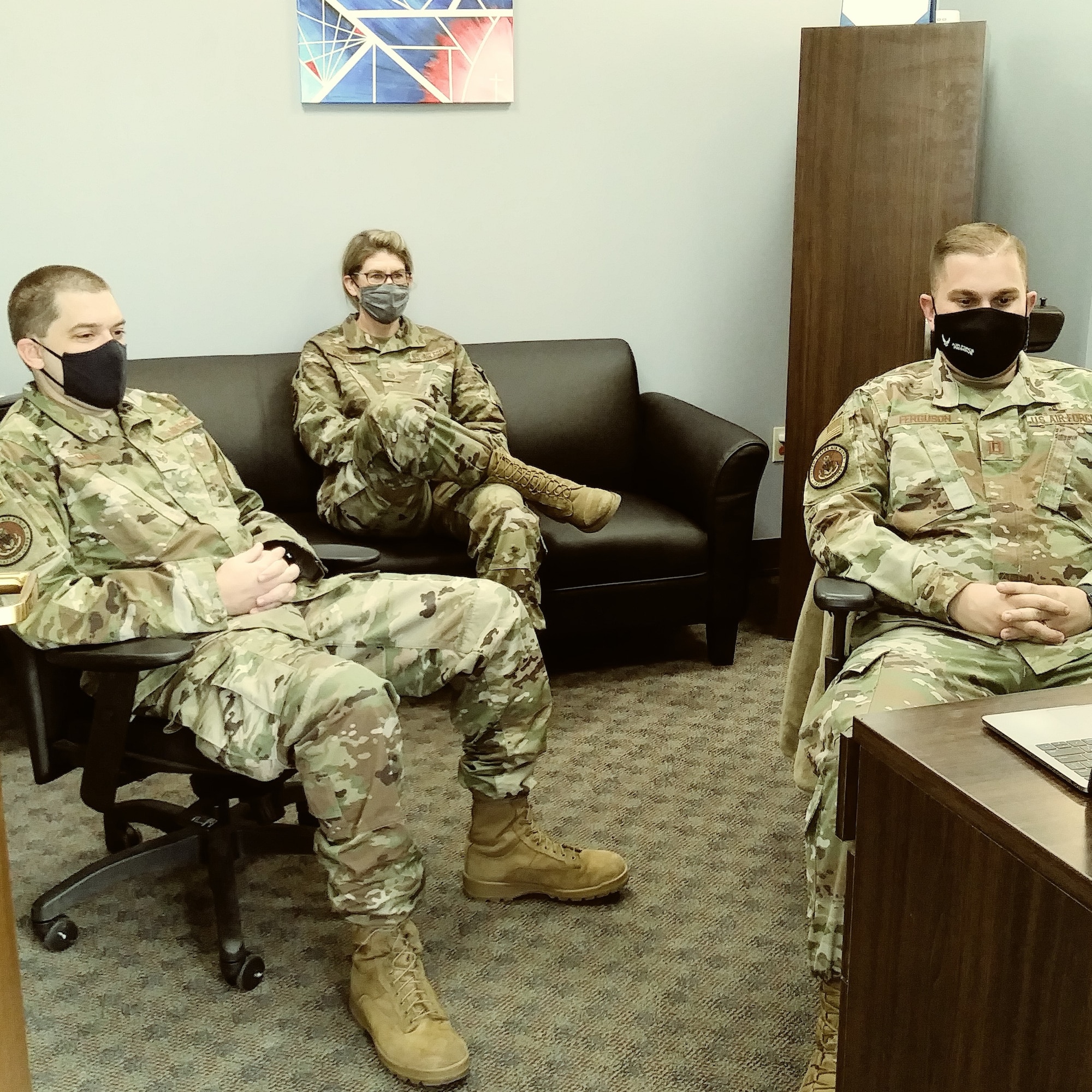 The 940 ARW Chaplain Corps Staff are engaged in viewing the Q & A session with Col. Downs and continuing to practice social distancing and adorning facial coverings.