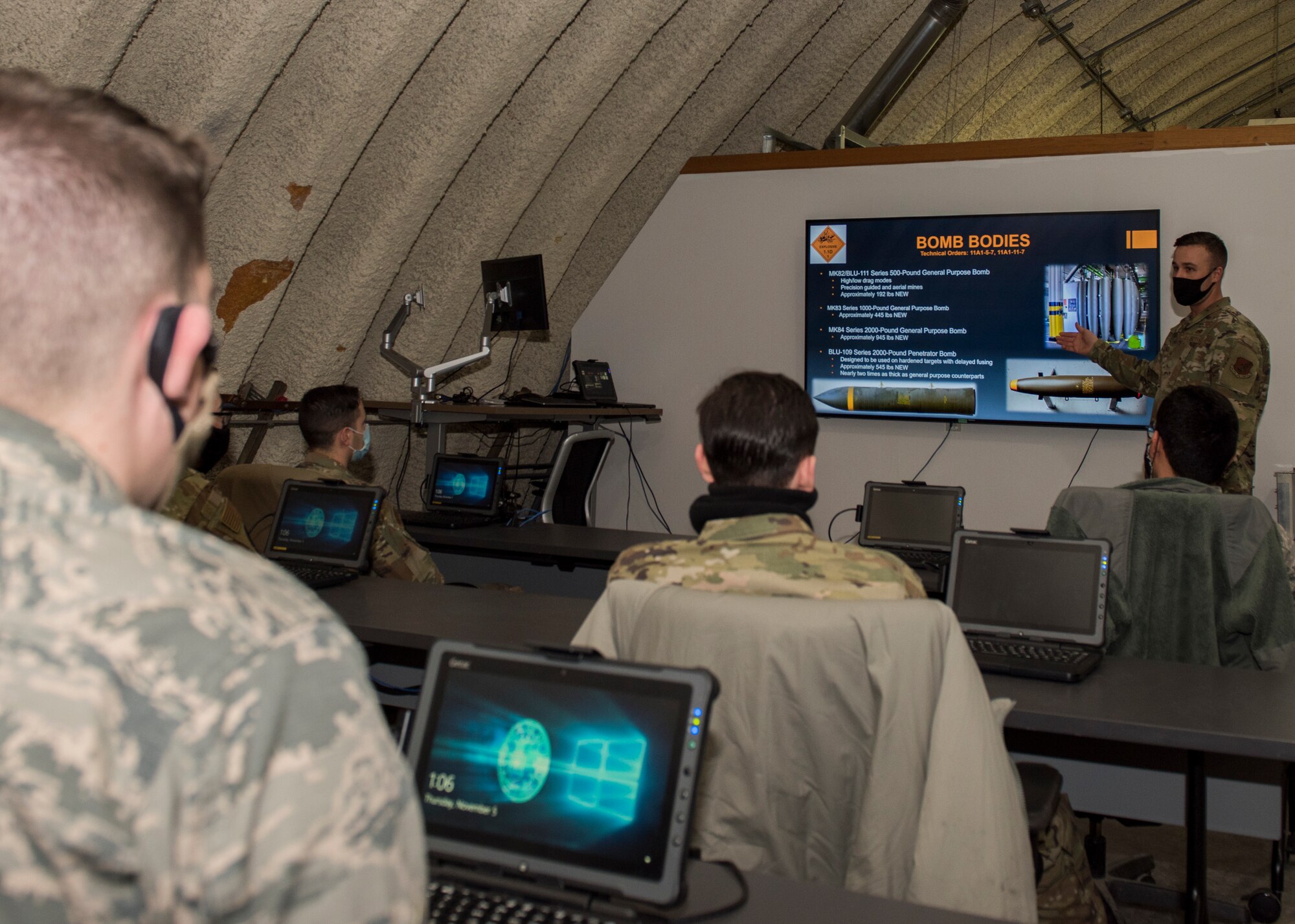 U.S. Air Force Tech. Sgt. Nicholas Kern, the 3rd Munitions Squadron training section chief, teaches a combat munitions training class at Joint Base Elmendorf-Richardson, Alaska, Nov. 5, 2020. Kern revamped his squadron’s training section and implemented an expanded CMT program that familiarizes ammo troops with a variety of munitions in one location.
