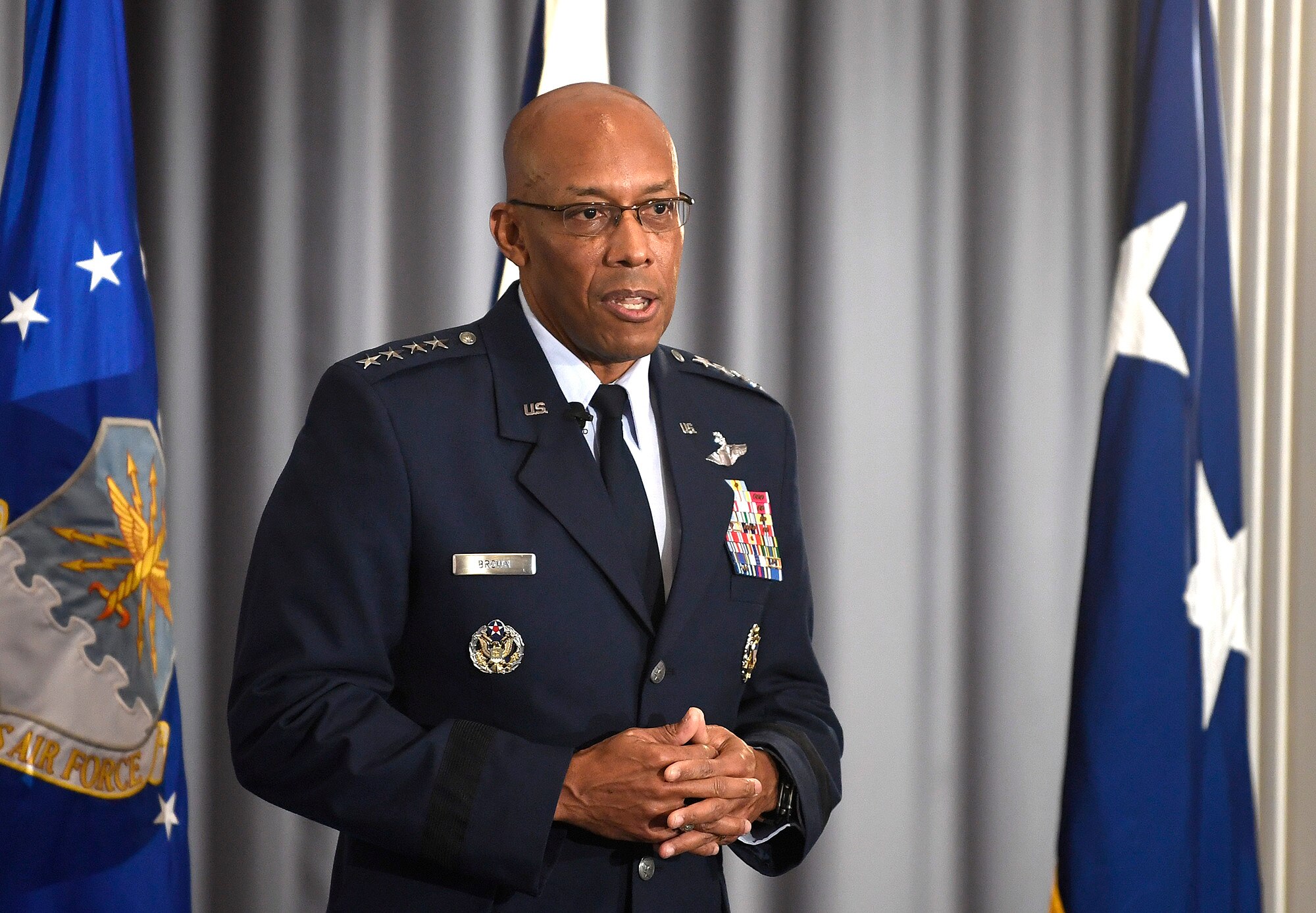 Air Force Chief of Staff Gen. Charles Q. Brown, Jr. addresses the audience during Gen. David Allvin's promotion ceremony at Joint Base Anacostia-Bolling, Washington, D.C., Nov. 12, 2020. Allvin will serve as the 40th Vice Chief of Staff of the Air Force. (U.S. Air Force Photo by Andy Morataya)