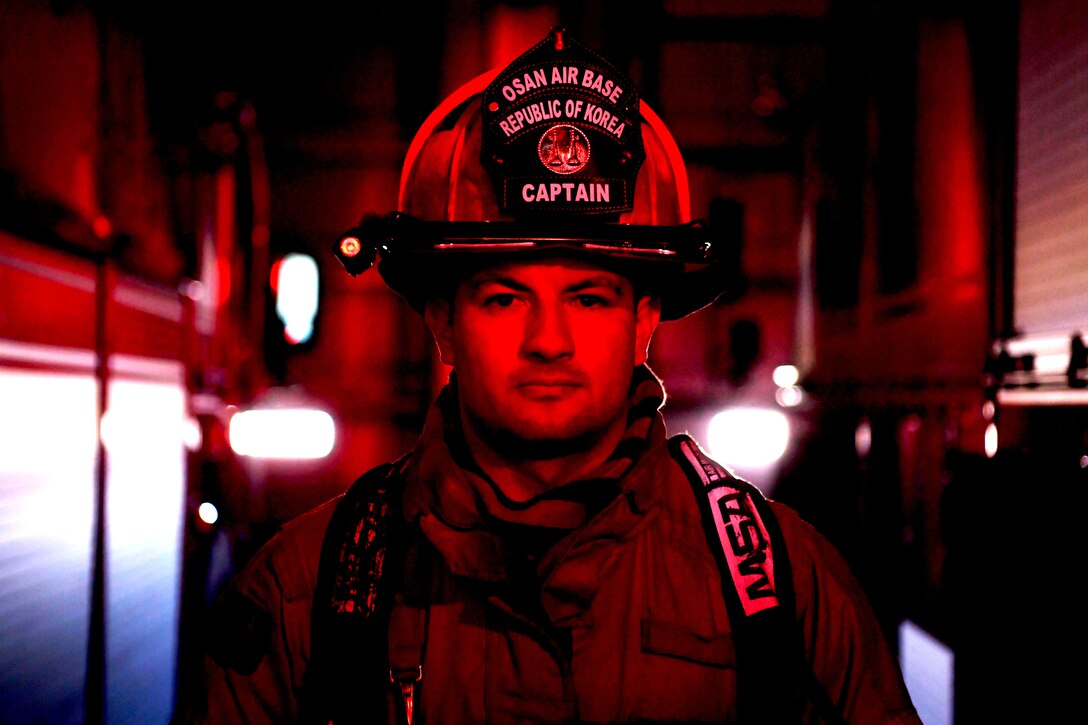 U.S. Air Force Staff Sgt. Damian Perez, 51st Civil Engineer Squadron station chief, poses for a photo at Osan Air Base, Republic of Korea, Nov. 10, 2020 As a fire emergency services first responder, Perez is responsible for protecting Osan’s personnel, property and the environment from fires and disasters. (U.S. Air Force photo by Senior Airman Noah Sudolcan)