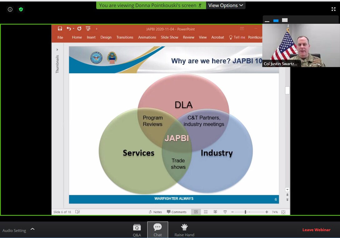 DLA Troop Support Clothing and Textiles Director Air Force Col. Justin Swartzmiller discusses the importance of collaboration between DLA, military services and industry partners during a webinar presentation Nov. 5, 2020, as part of the sixth annual Joint Advanced Planning Brief for Industry. Webinars will continue throughout the month where C&T team members and military service partners will brief industry on future requirements and business opportunities for clothing and individual equipment.