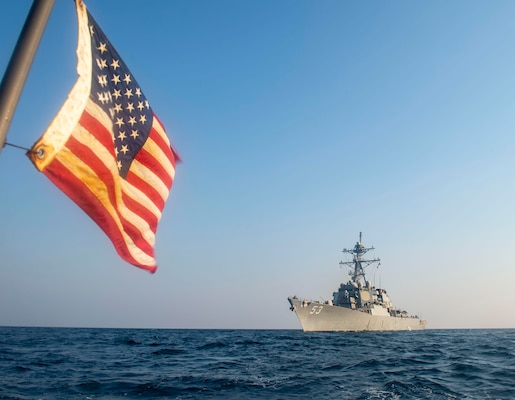 Guided-missile destroyer USS John Paul Jones (DDG 53) transits the Arabian Gulf, Oct. 27. John Paul Jones is part of the Nimitz Carrier Strike Group, deployed to the U.S. 5th Fleet area of operations, and currently supporting Coalition Task Force Sentinel, the operational arm of the International Maritime Security Construct, to ensure maritime security and stability in the critical waterways of the Central region. (U.S. Navy photo by Mass Communication Specialist 3rd Class Aja Bleu Jackson)