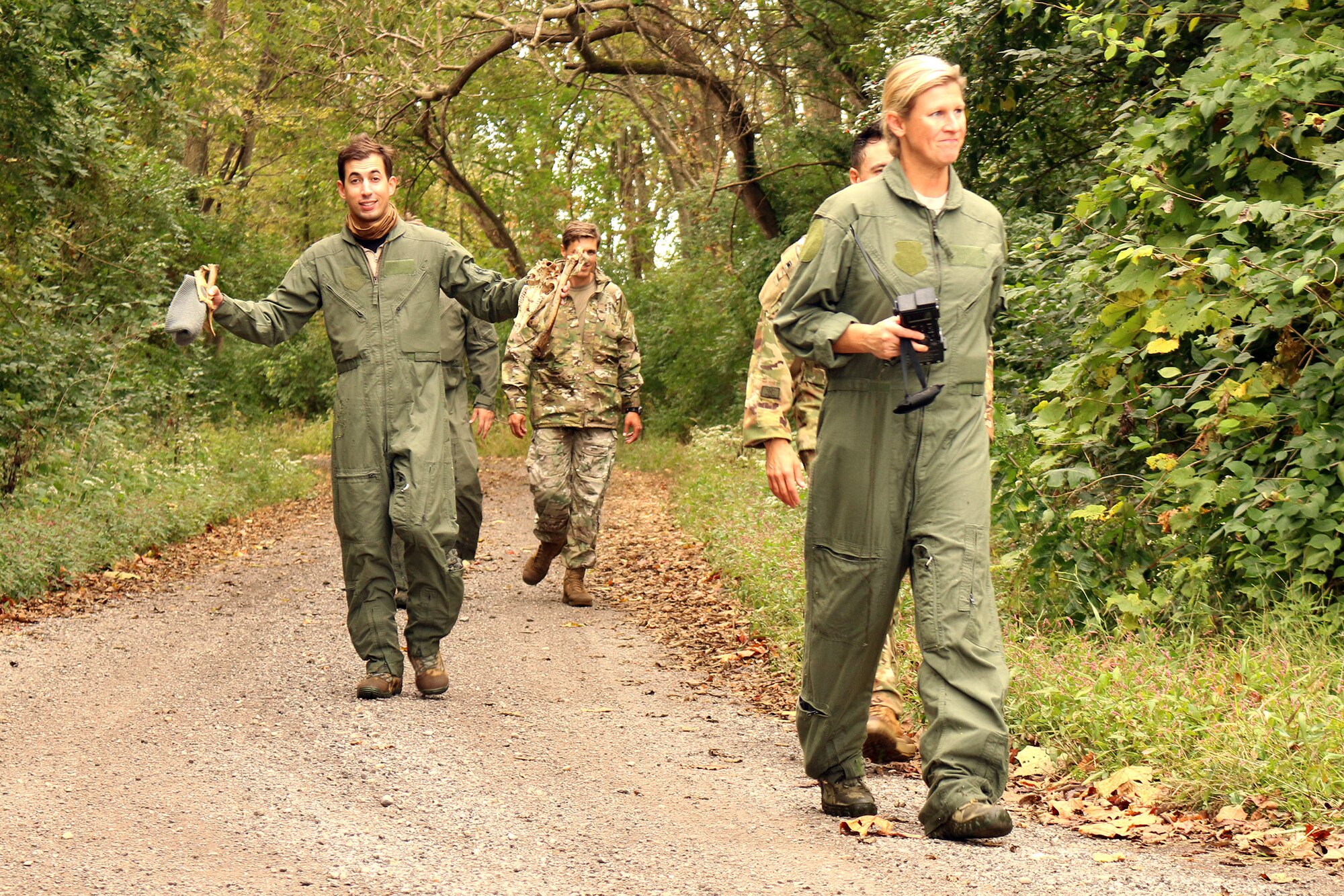 Airmen from the 89th Airlift Squadron, 375th Air Evacuation Training Squadron and the 445th Operations Support Squadron depart the training area after completing combat search and rescue training Oct. 4, 2020 at Wright-Patterson AFB, Ohio. Aircrew are required to have refresher training every three years to keep up-to-date on all new equipment and procedures they might face.