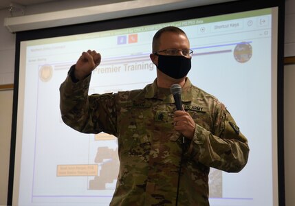 A member of the Michigan National Guard speaks during the initial planning conference for Northern Strike 21-2 on Nov. 3-5, at the National All-Domain Warfighting Center in Camp Grayling. NS 21-2 is scheduled July 31 to Aug. 14, 2021, and planners are expecting more than 7,000 participants.