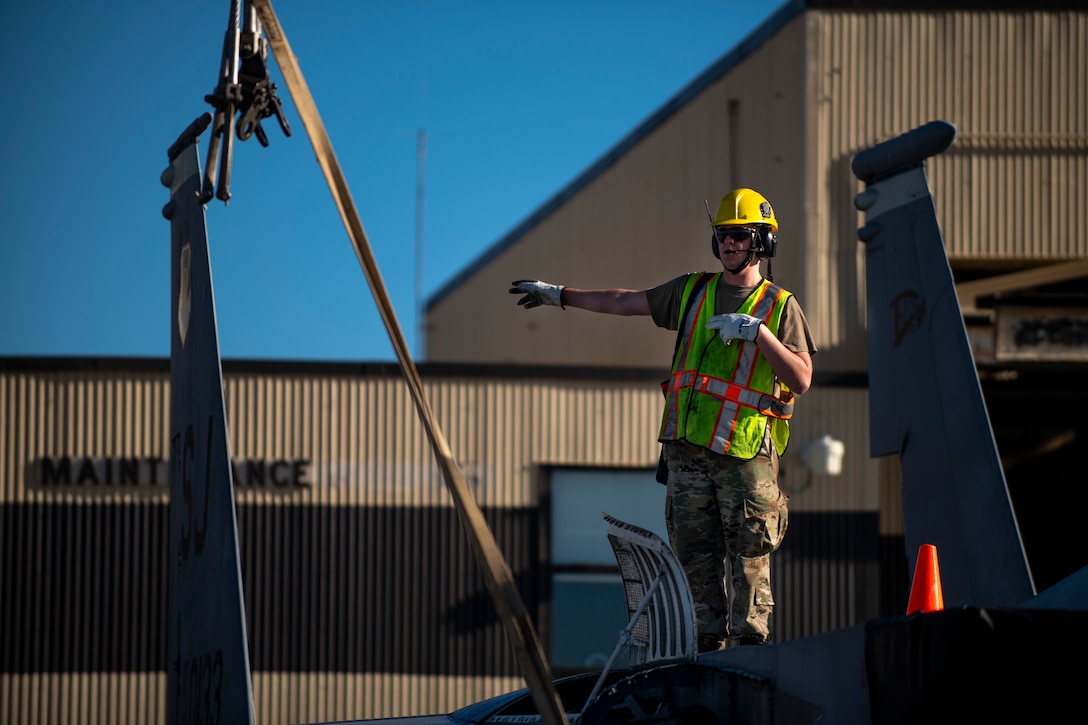 More than 50 military service members between the 4th Fighter Wing and 916th Air Refueling Wing Crash Damaged Disabled Aircraft Recovery teams (CDDAR) partook in an F-15E Strike Eagle crane-lift training, as well as KC-46A Pegasus familiarization at Seymour Johnson Air Force Base, North Carolina, Nov. 7, 2020.