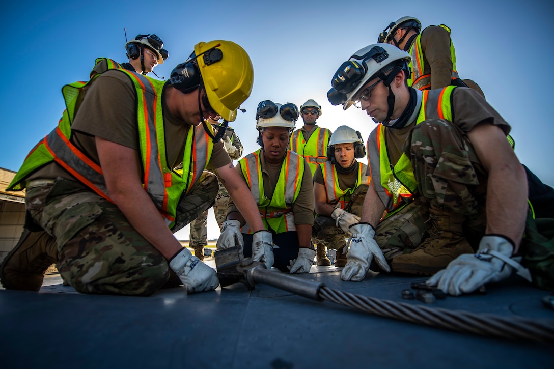 More than 50 military service members between the 4th Fighter Wing and 916th Air Refueling Wing Crash Damaged Disabled Aircraft Recovery teams (CDDAR) partook in an F-15E Strike Eagle crane-lift training, as well as KC-46A Pegasus familiarization at Seymour Johnson Air Force Base, North Carolina, Nov. 7, 2020.