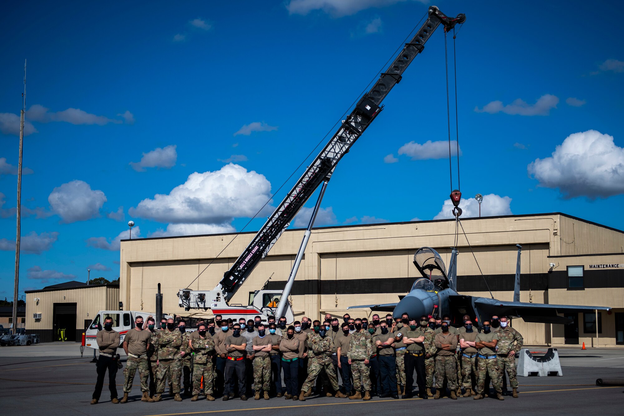 More than 50 military service members between the 4th Fighter Wing and 916th Air Refueling Wing Crash Damaged Disabled Aircraft Recovery teams (CDDAR) partook in an F-15E Strike Eagle crane-lift training, as well as KC-46A Pegasus familiarization at Seymour Johnson Air Force Base, North Carolina, Nov. 7, 2020.