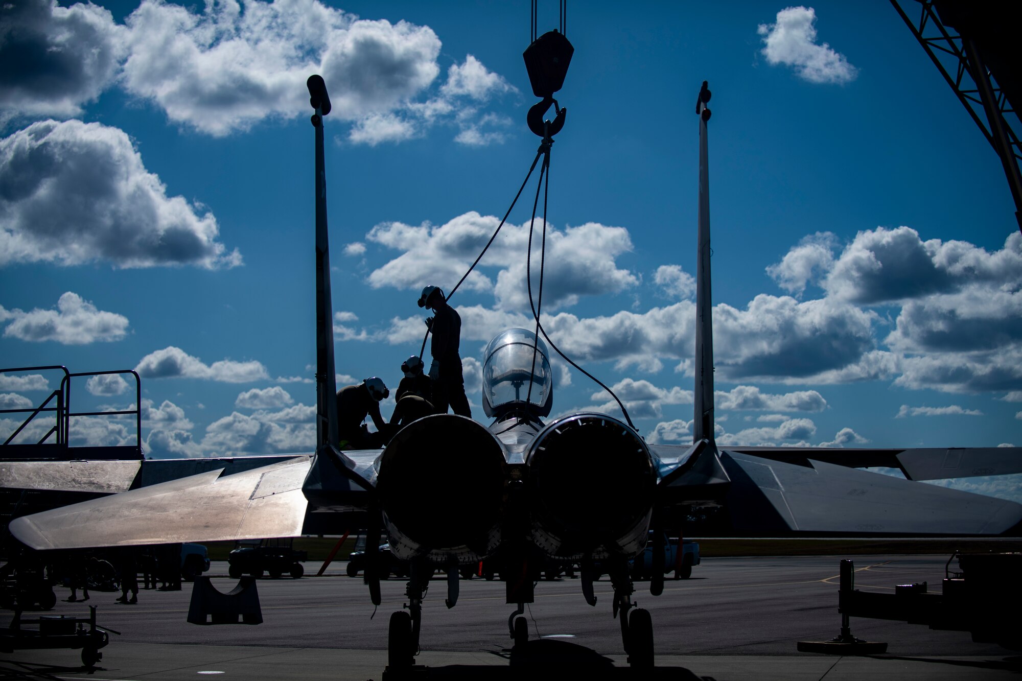 More than 50 military service members between the 4th Fighter Wing and 916th Air Refueling Wing Crash Damaged Disabled Aircraft Recovery teams (CDDAR) partook in an F-15E Strike Eagle crane-lift training, as well as KC-46A Pegasus familiarization at Seymour Johnson Air Force Base, North Carolina, Nov. 7, 2020.