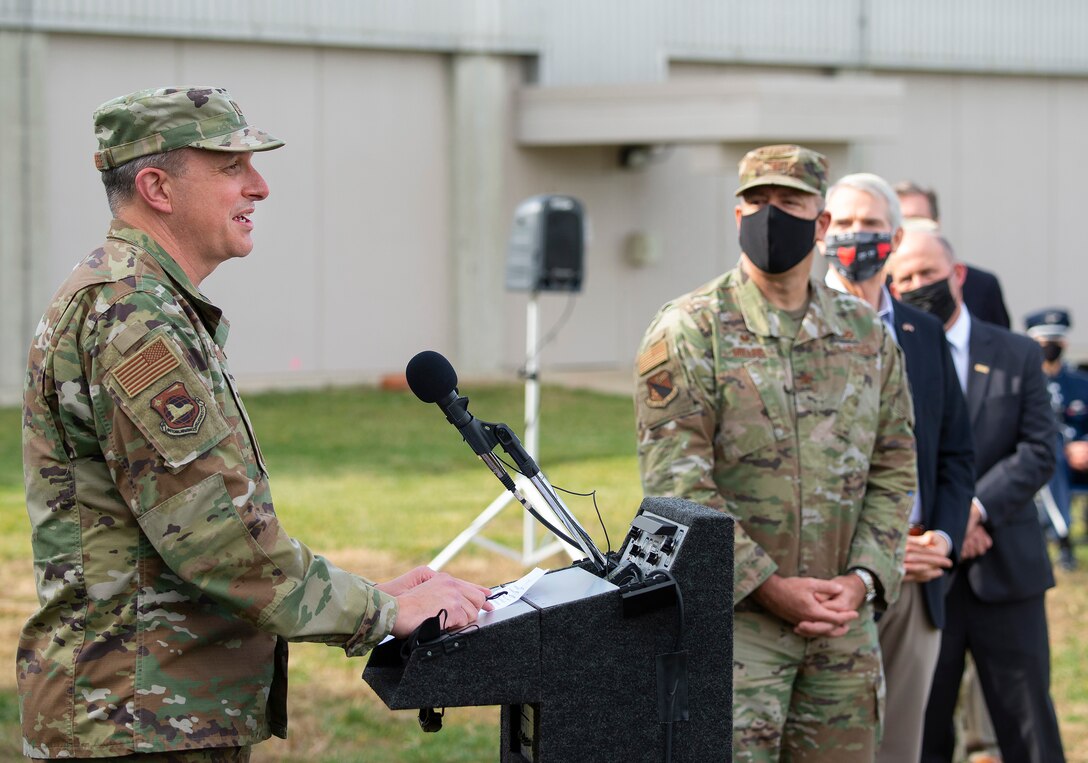 U.S. Air Force Col. Maurizio Calabrese, National Air and Space Intelligence Center commander, speaks at the NASIC Intelligence Production Complex III groundbreaking ceremony Nov. 5 on Wright-Patterson Air Force Base. Calabrese’s organization is the service intelligence center for the U.S. Air Force and U.S. Space Command. (U.S. Air Force photo by R.J. Oriez)