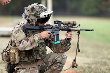 Soldier dons the Capability Set 3 (CS 3) militarized form factor prototype of the Integrated Visual Augmentation System (IVAS) during a Soldier Touchpoint 3 (STP 3) live fire test event at Fort Pickett, Va in October 2020.
