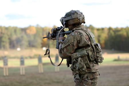 Soldier dons the Capability Set 3 (CS 3) militarized form factor prototype of the Integrated Visual Augmentation System (IVAS) during a Soldier Touchpoint 3 (STP 3) live fire test event at Fort Pickett, Va in October 2020.