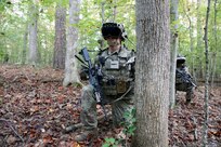 Soldier dons the Capability Set 3 (CS 3) militarized form factor prototype of the Integrated Visual Augmentation System (IVAS) during a Soldier Touchpoint 3 (STP 3) squad reconnaissance mission test event at Fort Pickett, Va in October 2020.