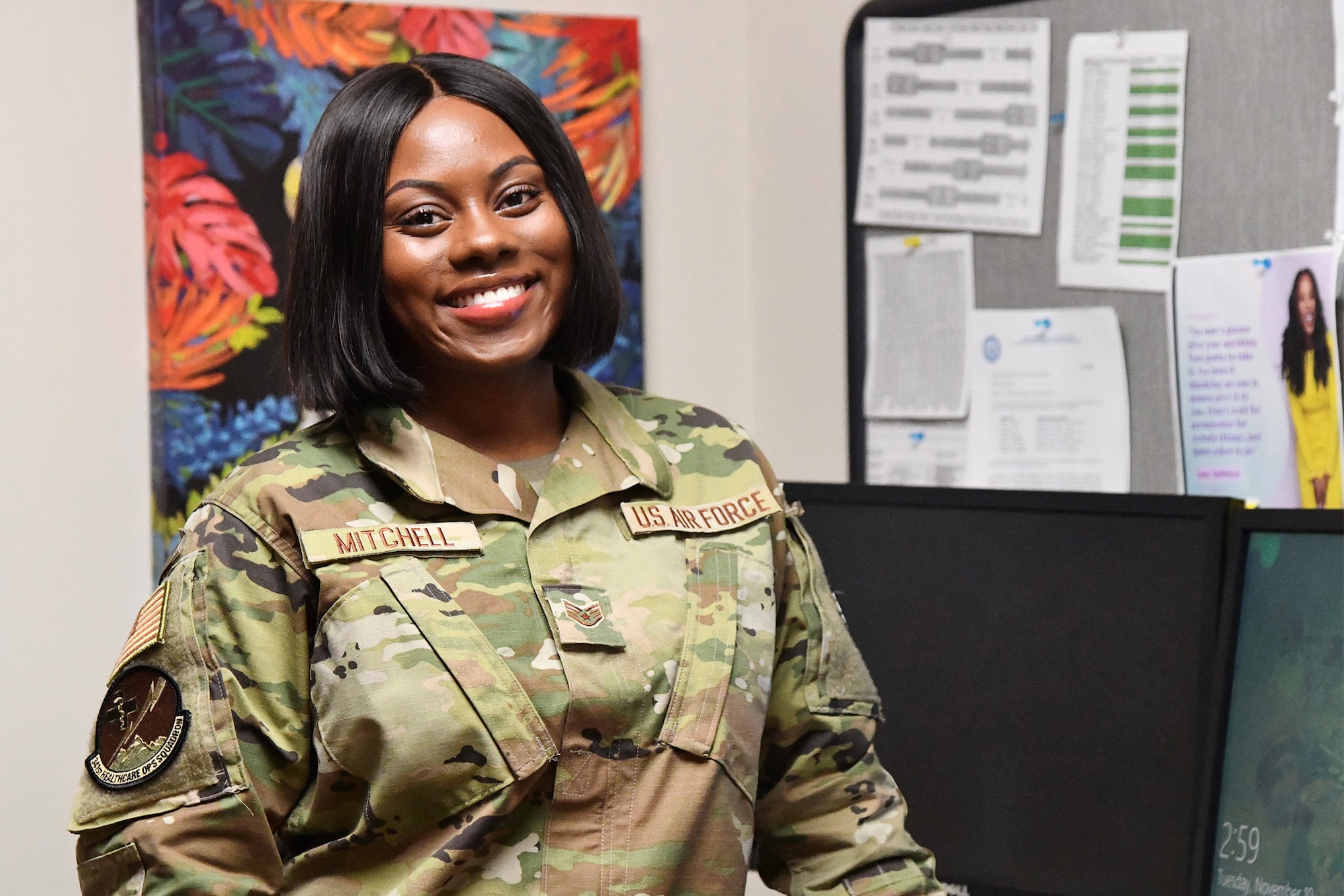 Staff Sgt. Kymyenna Mitchell, 341st Medical Group NCO in charge of commander support staff, poses for a photo November 10, 2020, at Malmstrom Air Force Base, Mont.