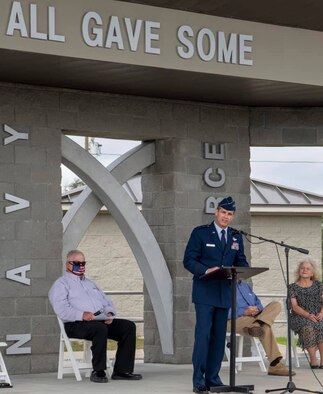 Maj. Gen. Brian Simpler addresses participants at the unveiling of an Honor Walk for Veterans Nov. 11 at Veterans Memorial Park at Beacon Hill, Port St. Joe, Fla.