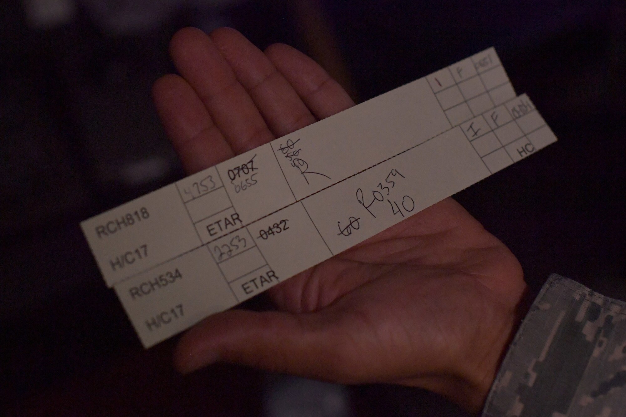 Close-up of a hand holding strips of paper.