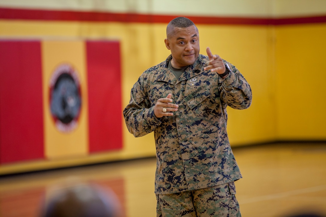 U.S. Marine Corps Sgt. Maj. Edward D. Parsons gives remarks during a relief and appointment ceremony at Joint Base Fort Myer-Henderson Hall, Arlington, Va., Feb. 28.