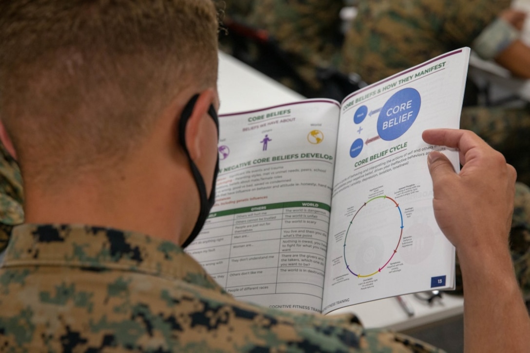 A U.S. Marine with Marine Air Support Squadron 3, Marine Wing Communications Squadron 38, 3rd Marine Aircraft Wing, reviews a handout during a Cognitive Fitness class on Marine Corps Base Camp Pendleton, California, Sept. 25, 2020. The Cognitive Fitness course is a pilot program developed by SARP counselors based off of their Cognitive Behavioral Therapy class designed to teach Marines and their leaders how thoughts, feelings and actions are connected. The SARP’s eventual goal is to develop a program that can be instituted across the Marine Corps. (U.S. Marine Corps photo by Lance Cpl. Kerstin Roberts)