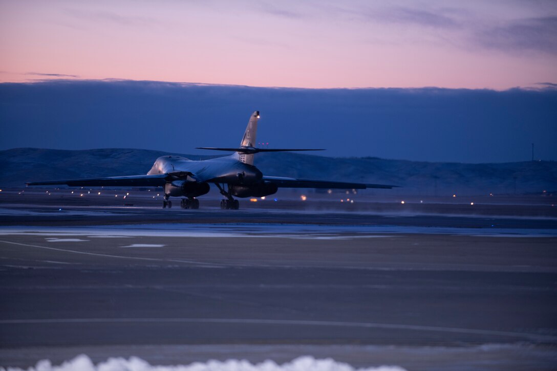 A B-1B Lancer assigned to the 34th Bomb Squadron taxis before a Bomber Task Force mission from the continental United States, Nov. 12, 2020. Long-range, long-duration missions demonstrate the U.S. Air Force’s unwavering commitment to our allies and partners around the globe. (U.S. Air Force photo by Airman Jonah Fronk)