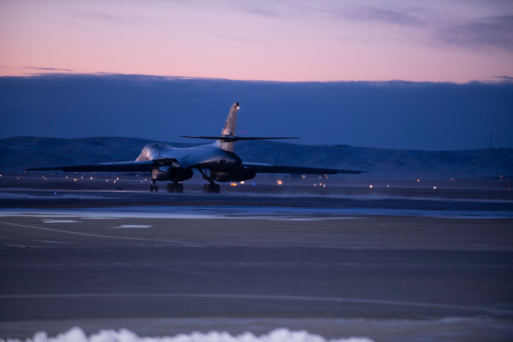 A B-1B Lancer assigned to the 34th Bomb Squadron taxis before a Bomber Task Force mission from the continental United States, Nov. 12, 2020. Long-range, long-duration missions demonstrate the U.S. Air Force’s unwavering commitment to our allies and partners around the globe. (U.S. Air Force photo by Airman Jonah Fronk)