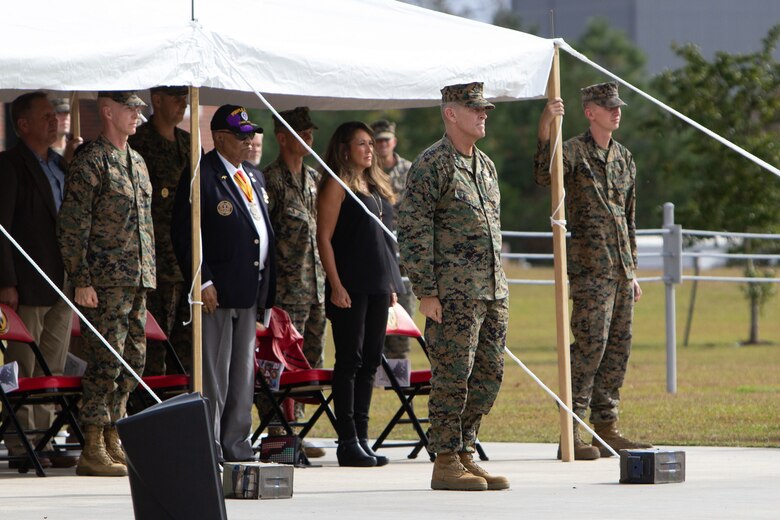 Marine Forces Special Operations Command hosted the 245th Marine Corps Birthday cake cutting ceremony at Camp Lejeune, North Carolina, Nov. 6, 2020. Lt. Gen. George W. Smith, Deputy Commandant for Plans, Policies and Operations served as the guest of honor at the celebration intended to reflect on the traditions, history and legacy of the Marine Corps. COVID-19 restrictions have changed the way Marines across the globe are celebrating the Corps’ 245th birthday. The annual galas, held to commemorate the founding of Marine Corps, have been scaled back to ensure the health of the force while ensuring the most meaningful aspects of the festivities remain untouched. (U.S. Marine Corps photo by Cpl. Jesula Jeanlouis)