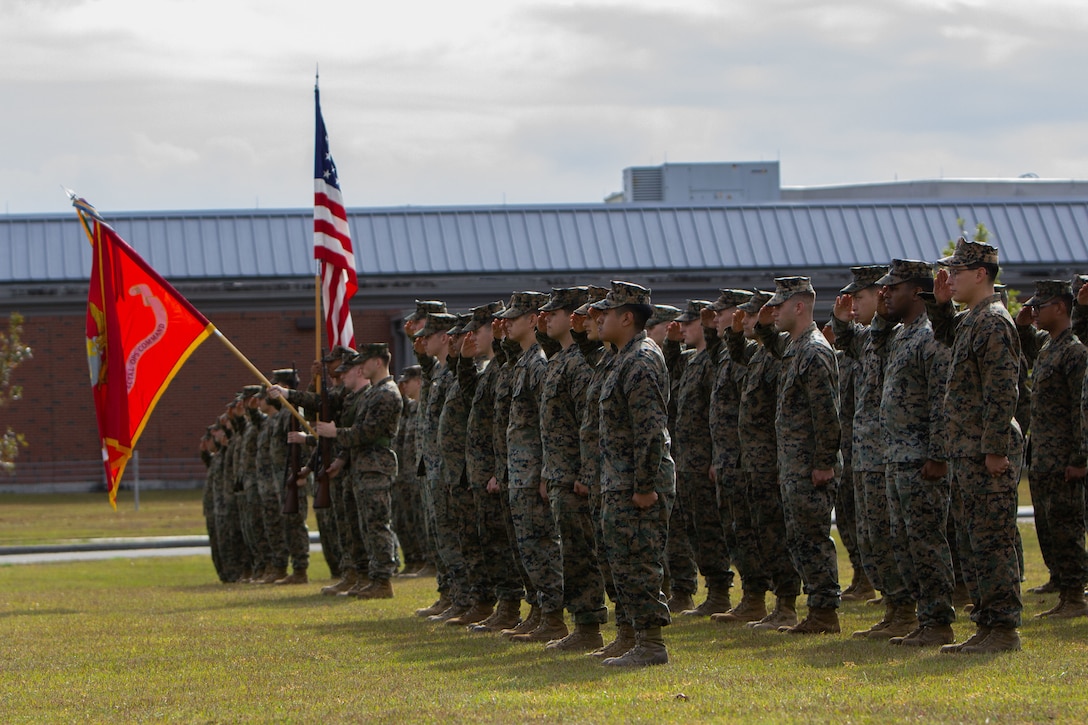 Marine Forces Special Operations Command hosted the 245th Marine Corps Birthday cake cutting ceremony at Camp Lejeune, North Carolina, Nov. 6, 2020.  Lt. Gen. George W. Smith, Deputy Commandant for Plans, Policies and Operations served as the guest of honor at the celebration intended to reflect on the traditions, history and legacy of the Marine Corps. COVID-19 restrictions have changed the way Marines across the globe are celebrating the Corps’ 245th birthday. The annual galas, held to commemorate the founding of Marine Corps, have been scaled back to ensure the health of the force while ensuring the most meaningful aspects of the festivities remain untouched.  (U.S. Marine Corps photo by Cpl. Jesula Jeanlouis)