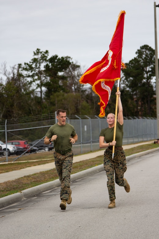 Marine Forces Special Operations Command participate in the annual Marine Corps Birthday Run on Camp Lejeune, California, Nov. 6, 2020. Groups of Marines each ran 2 miles totaling 245 miles in celebration of the 245th Marine Corps birthday. COVID-19 restrictions have changed the way Marines across the globe are celebrating the Corps’ 245th birthday. The annual galas, held to commemorate the founding of Marine Corps, have been scaled back to ensure the health of the force while ensuring the most meaningful aspects of the festivities remain untouched.  (U.S. Marine Corps photo by Cpl. Jesula Jeanlouis)