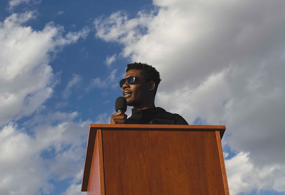 Senior Airman Marcel Williams, 27th Special Operations Wing public affairs broadcaster, speaks at “Gathering for Unity” event at Cannon Air Force Base, New Mexico, June 5, 2020, and shares experiencing racism in his own community
(U.S. Air Force/Lane T. Plummer)