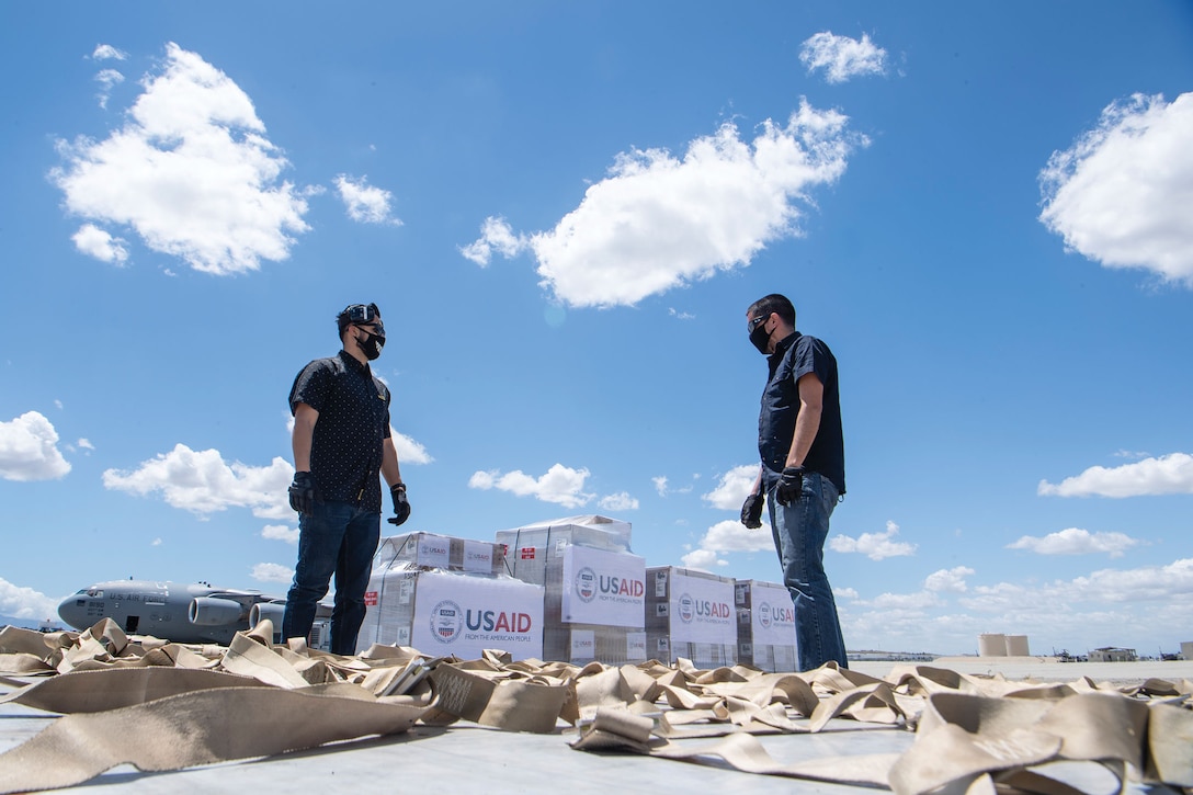 Transportation systems technicians from 452nd Logistic Readiness Squadron prepare 50 pallets of ventilators