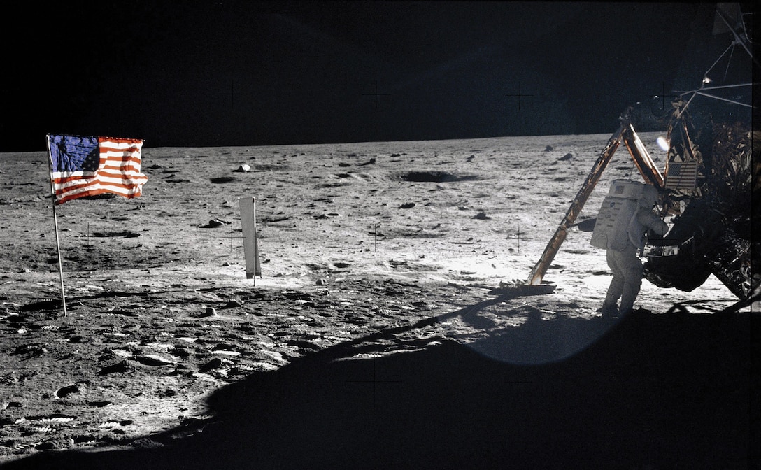 Apollo 11 landing site with Neil Armstrong on lunar surface