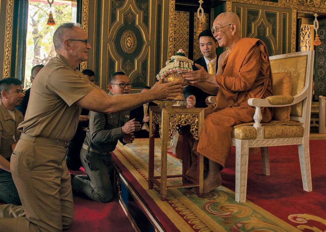 Chaplain (Captain) James Johnson, USN, presents gift to Supreme Patriarch of Thailand