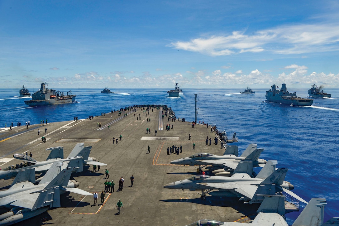 USS Germantown, USNS John Ericsson, USS Antietam, USS Ronald Reagan, USS America, USS Shiloh, USS New Orleans, and USS Comstock break away from formation in support of Valiant Shield 2020