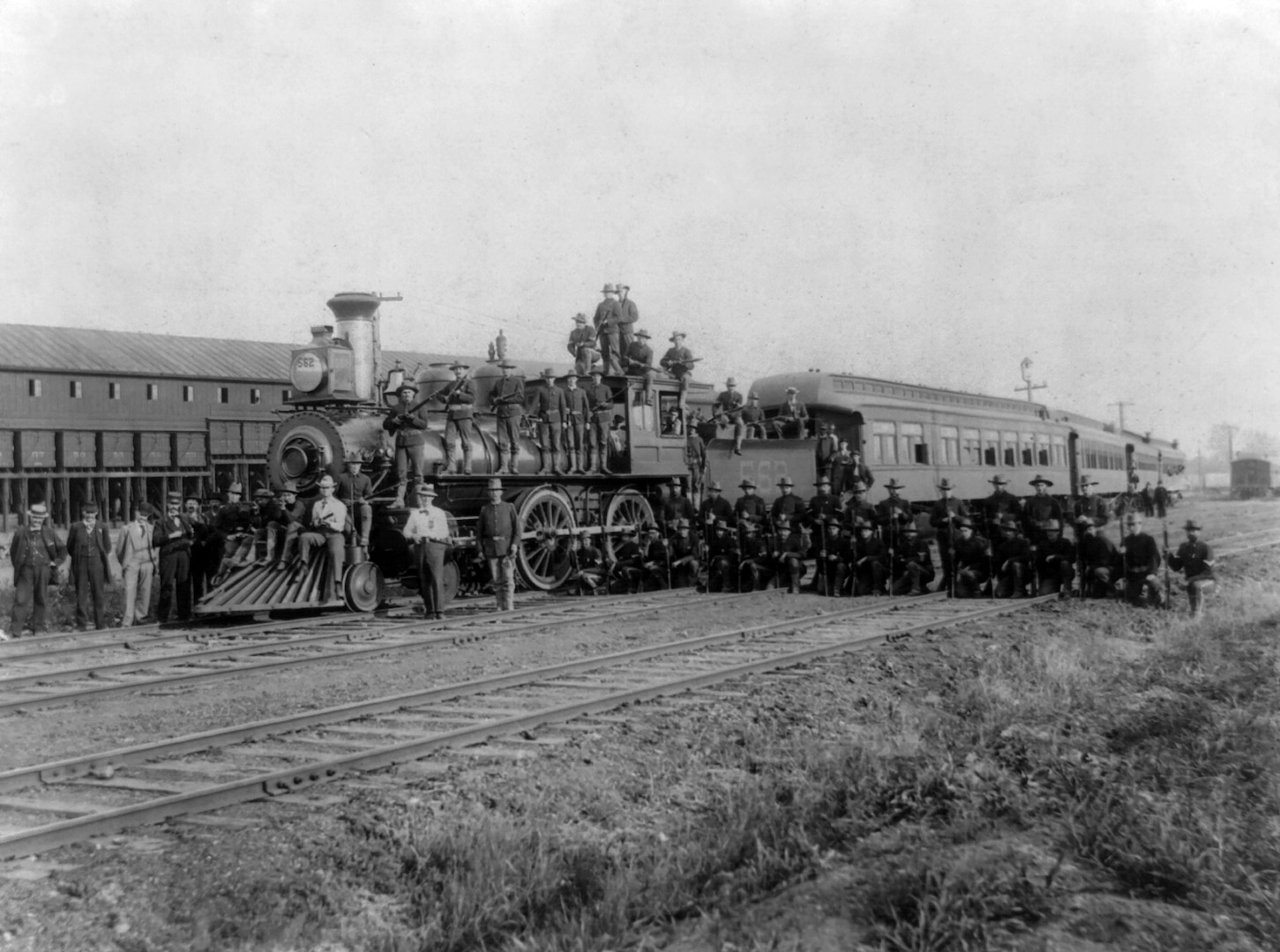 Special patrolling train Rock Island Railroad, with Company C, 15th U.S. Infantry, at Blue Island, Illinois, during great railroad strike, 1894