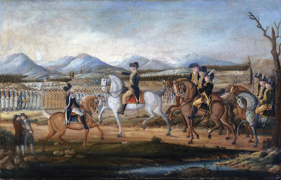 Washington Reviewing the Western Army at Fort Cumberland, Maryland [before their march to suppress the Whiskey Rebellion in western Pennsylvania], oil painting, attributed to Frederick Kemmelmeyer, after 1795.