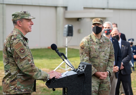 U.S. Air Force Col. Maurizio Calabrese, National Air and Space Intelligence Center commander, speaks at the NASIC Intelligence Production Complex III groundbreaking ceremony Nov. 5 on Wright-Patterson Air Force Base. Calabrese’s organization is the service intelligence center for the U.S. Air Force and U.S. Space Command. (U.S. Air Force photo by R.J. Oriez)