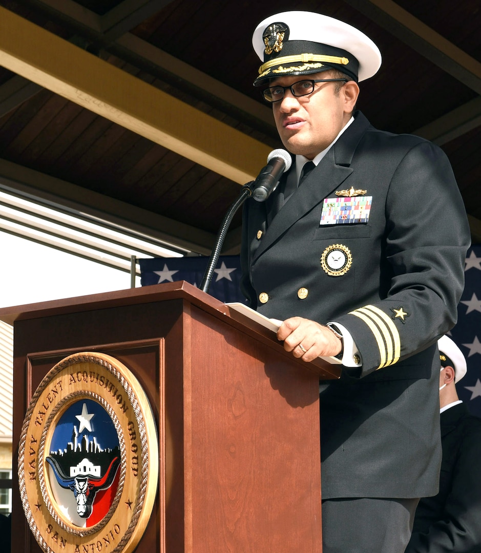 Cmdr. Michael Files speaks to Sailors and guests after assuming command of Navy Talent Acquisition Group San Antonio during a change of command ceremony held at the Warrior & Family Support Center on Joint Base San Antonio-Fort Sam Houston Nov. 12.