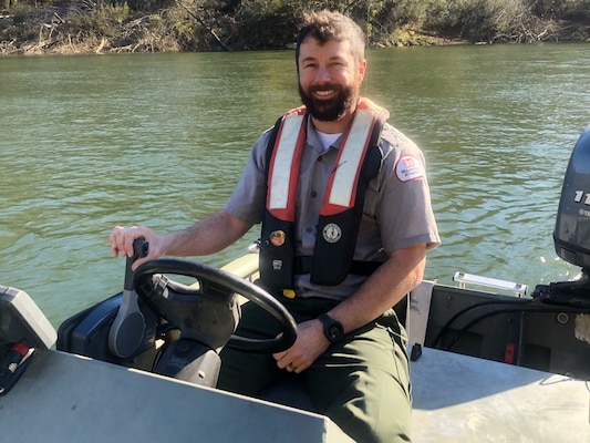 Tyler Matthews, U.S. Army Corps of Engineers Nashville District, patrols Nov. 4, 2020 in the tailwater below Wolf Creek Dam in Jamestown, Kentucky. The district recently named Matthews the employee of the month for September 2020. (USACE photo by Codey Hensley)