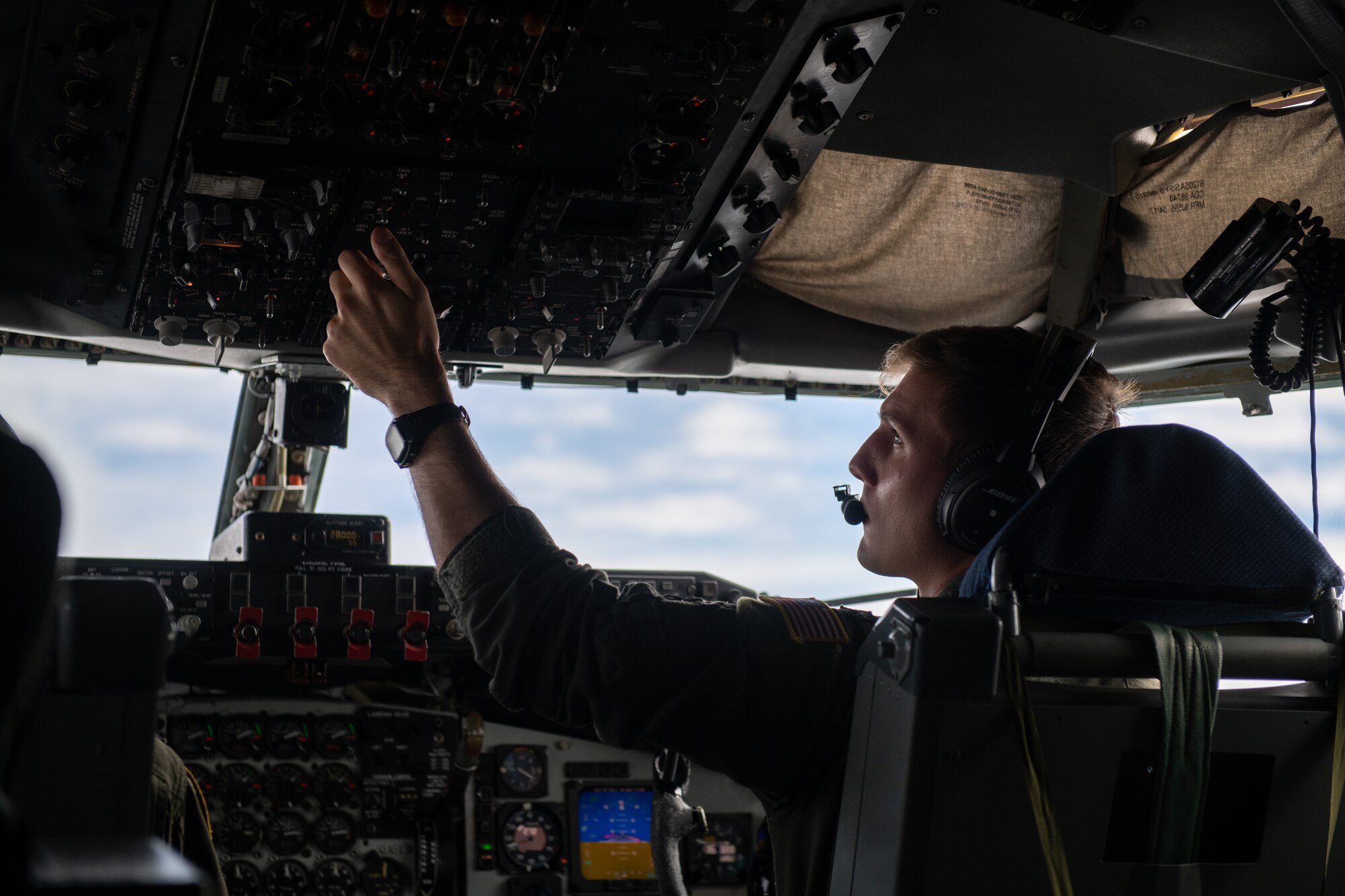 U.S. Air Force Capt. Dan Thomas, 909th Aerial Refueling Squadron KC-135 Stratotanker pilot, conducts aerial refueling operations in support of a Bomber Task Force mission, Nov. 13, 2020, over the Pacific Ocean off the coast of Japan. Bomber Task Force missions demonstrate U.S. commitment to allies and partners throughout the Indo-Pacific area of responsibility and the ability of Air Force Global Strike Command to deliver lethal strike options for combatant commanders at a moment’s notice. (U.S. Air Force photo by Staff Sgt. Peter Reft)