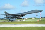 Aircrew with the 9th Expeditionary Bomb Squadron raise the landing gear of a U.S. Air Force B-1B Lancer during take-off in a joint interoperability exercise at Andersen Air Force Base, Guam, Nov. 13, 2020. Participating in the exercise allowed B-1 aircrews to obtain training that could be imperative in the future missions as they continue to stay committed to the security and stability of the Indo-Pacific region. (U.S. Air Force photo by Staff Sgt. David Owsianka)
