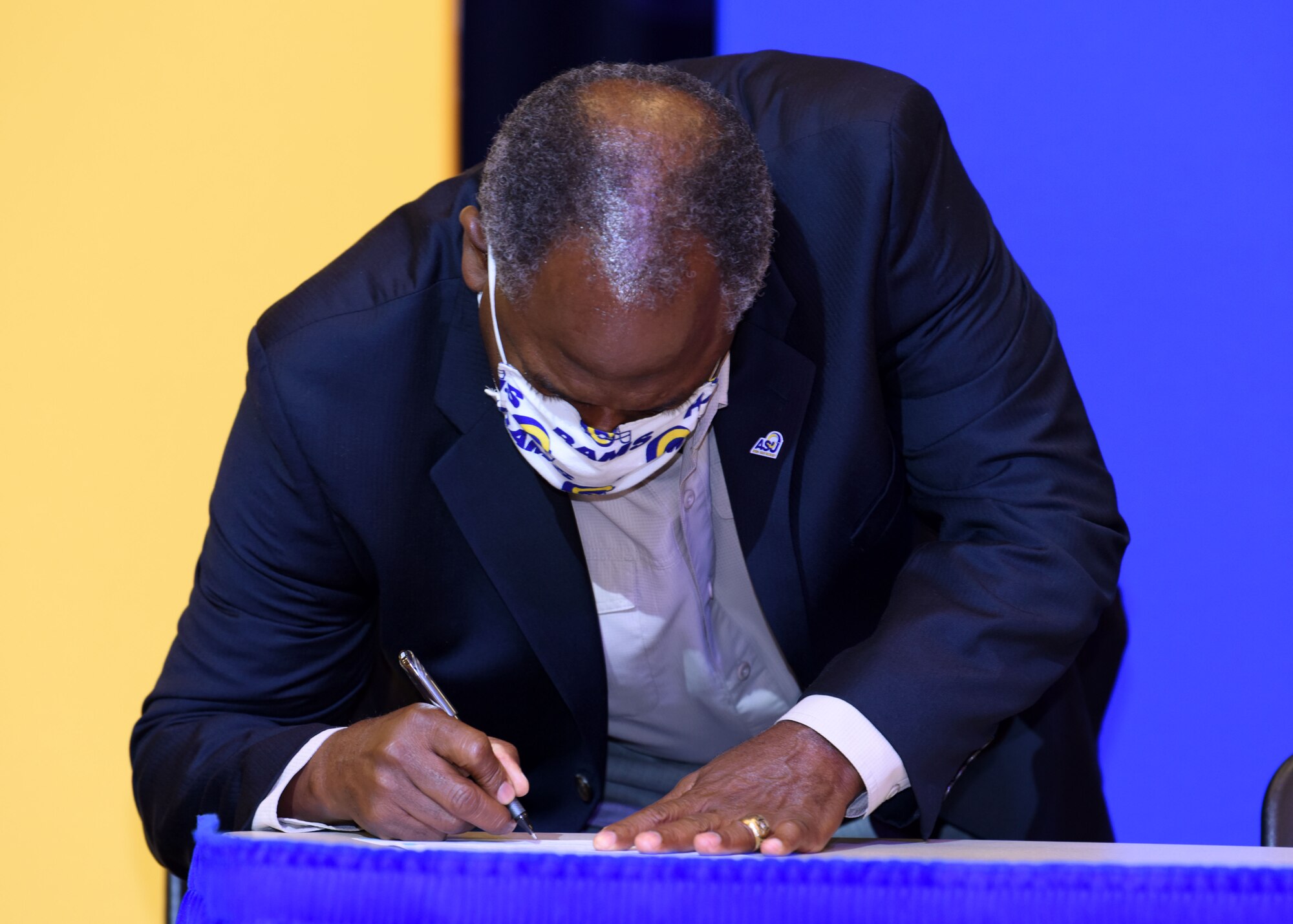 Angelo State University President, Lt. Gen. (Ret), Ronnie D. Hawkins Jr. signs the Memorandum of Understanding between ASU and Goodfellow Air Force Base during the transfer agreement at the Houston Harte University Center, Nov. 13, 2020. ASU has been declared a “Military Friendly School” and has signed several partnerships with Goodfellow Air Force Base. (U.S. Air Force photo by Airman 1st Class Ethan Sherwood)