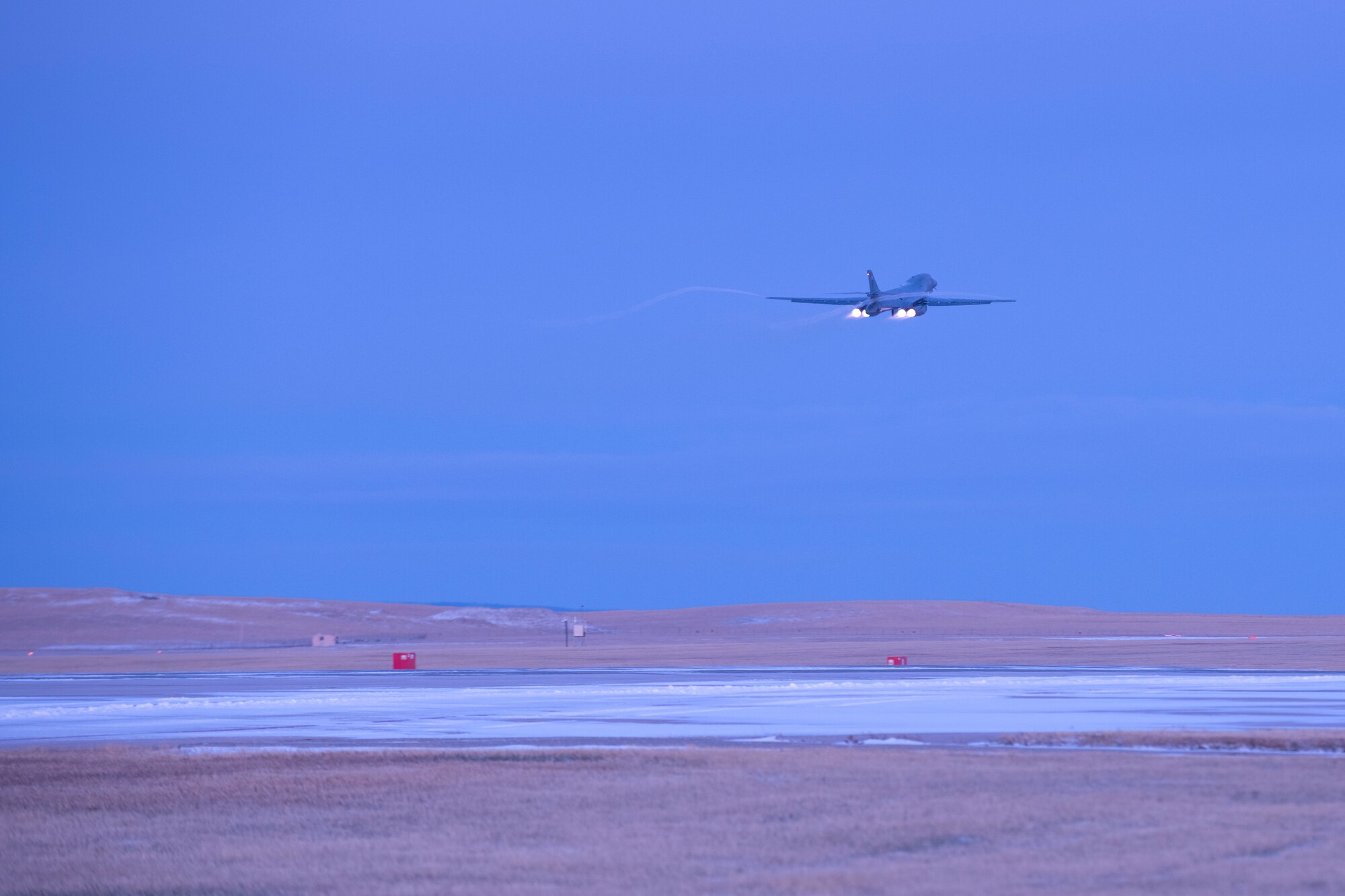 A B-1B Lancer assigned to the 34th Bomb Squadron takes off in support of a Bomber Task Force mission from the continental United States, Nov. 12, 2020. Bomber Task Force missions demonstrate how the Dynamic Force Employment Model enables strategic bombers to be anywhere on the globe at a moment’s notice.  (U.S. Air Force photo by Airman Jonah Fronk)