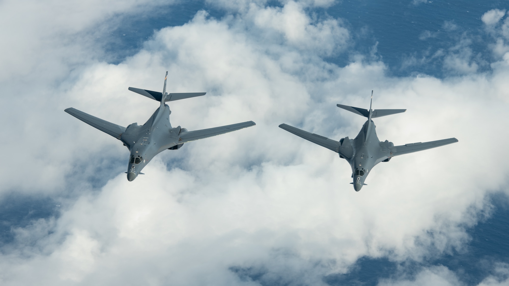 U.S. Air Force B-1B Lancers participate in a joint training exercise during a Bomber Task Force deployment, Nov. 13, 2020, over the Pacific Ocean. Bomber Task Force missions demonstrate U.S. commitment to allies and partners throughout the Indo-Pacific area of responsibility and the ability of Air Force Global Strike Command to deliver lethal strike options for combatant commanders at a moment’s notice. (U.S. Air Force photo by Staff Sgt. Peter Reft)
