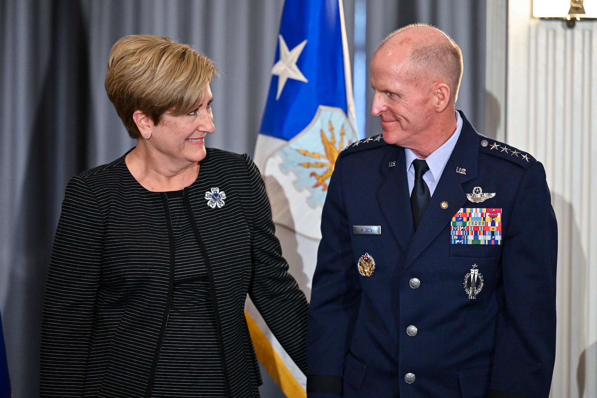 Air Force Vice Chief of Staff Gen. Stephen W. Wilson stands with his wife Nancy during his retirement ceremony at Joint Base Anacostia-Bolling, Washington, D.C., Nov. 13, 2020. Gen. David W. Allvin will succeed Wilson as the 40th Air Force vice chief of staff. (U.S. Air Force photo by Eric Dietrich)