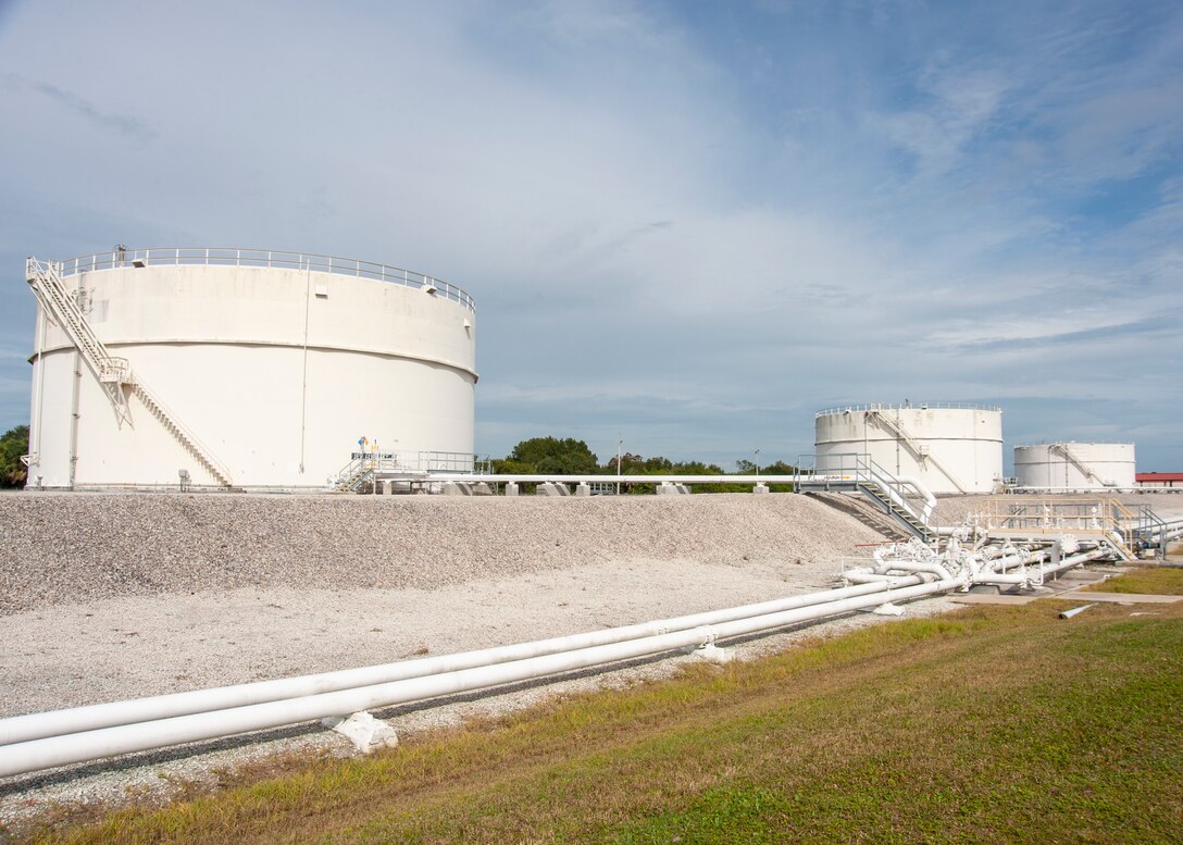 The defense fuel supply point is located on the far eastern side of MacDill Air Force Base, Fla. These tanks can store up to approximately 6,500,000 gallons of Jet Fuel A and the operators transfer around 350,000 gallons of fuel to use for KC-135 Stratotankers on MacDill AFB. (U.S. Air Force photo by Airman 1st Class David D. McLoney)